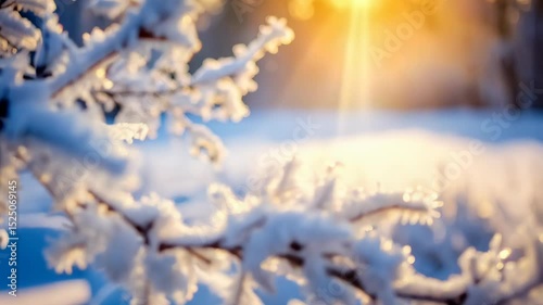 Delicate frozen tree branches glistening in sunlight creating a magical winter scene with snow crystals and bokeh lights