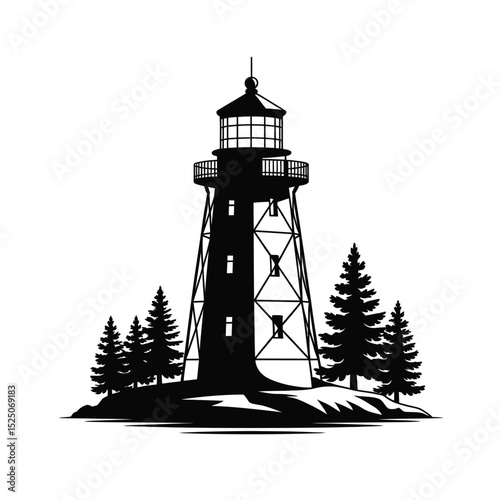 Lighthouse Silhouette on Rocky Island with Pine Trees