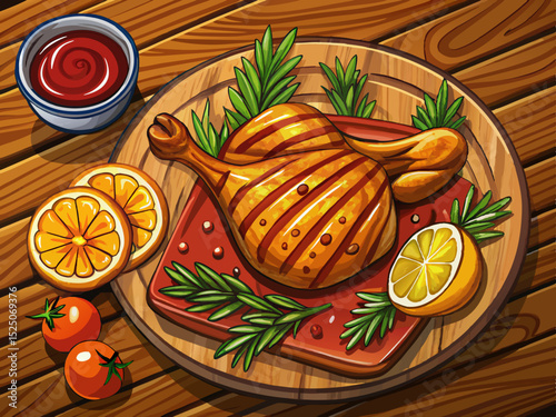 vector of Appetizing grilled juicy half chicken with golden brown crust served with lemon wedges, barbecue sauce and rosemary. Rustic wood background.