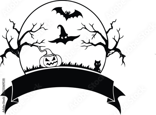 Halloween Vector Banner with Witch and Full Moon

