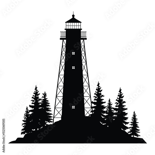 Lighthouse Silhouette with Pine Trees on a Hill
