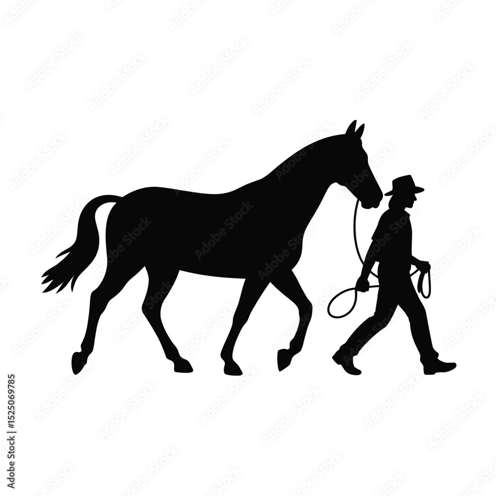 Naklejka premium Silhouette of Horse and Handler Walking