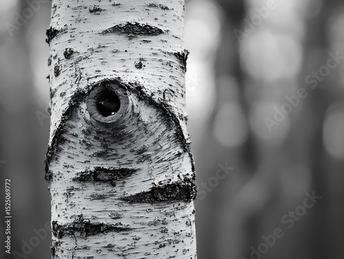 Birch trunk detail with knot and characteristic bark texture, blurred bokeh