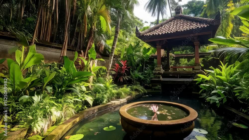 Tropical garden featuring a traditional pavilion overlooking a water feature with lily pads and a flowering lotus in a serene natural setting Tropical garden featuring a traditional pavilion overlooking a water feature with lily pads and a flowering lotus in a serene natural setting