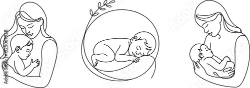 Vector illustration of mother holding baby, newborn sleeping in leaf, love and care, parenthood, black line art drawing