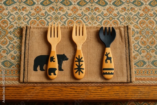 Adorable Wooden Children's Forks Set Rustic Design Black Bear Deer Pattern Natural Kids Cutlery Eco Friendly Baby Toddler Tableware Lovely Scandinavian Style cute gold home food meal brown decor      