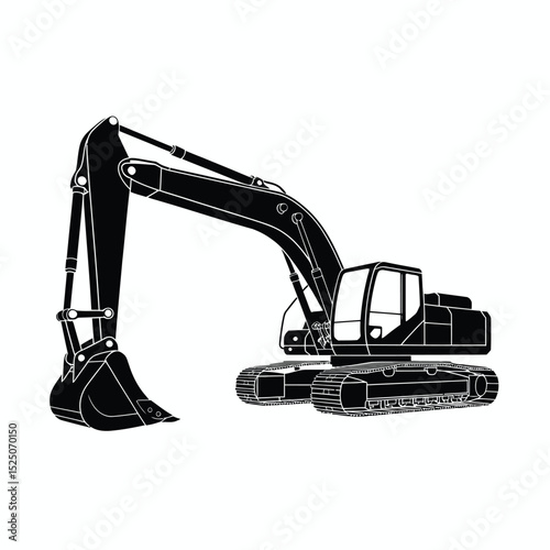 Black Silhouette of an Excavator on White Background