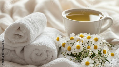 Chamomile flowers placed next to a soothing cup of green tea and soft, rolled towels. 7