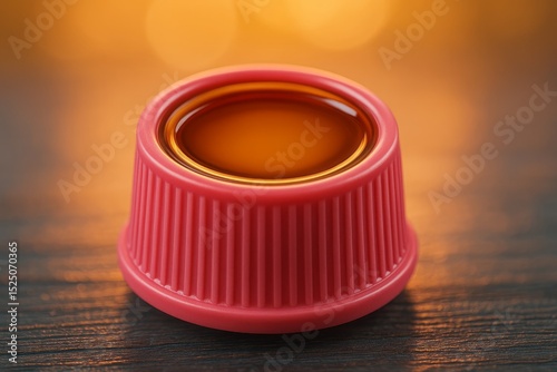 Red Plastic Cap with Amber Liquid Inside Detailed Closeup Shot High Resolution Image Professional Photography Studio Lighting Perfect for Packaging Design Product Mockup Texture Background Clean      