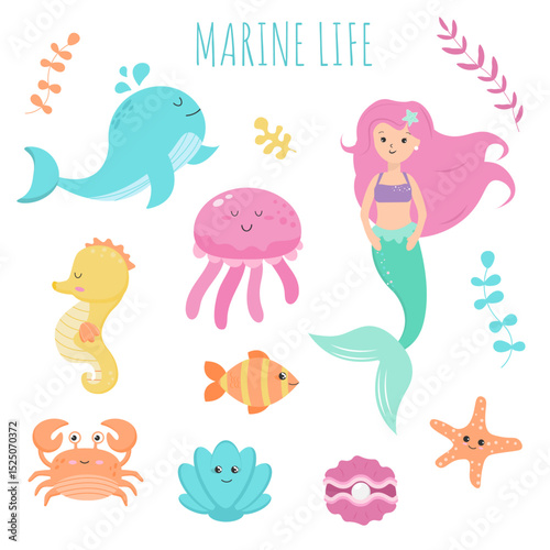 Set of sea animals.