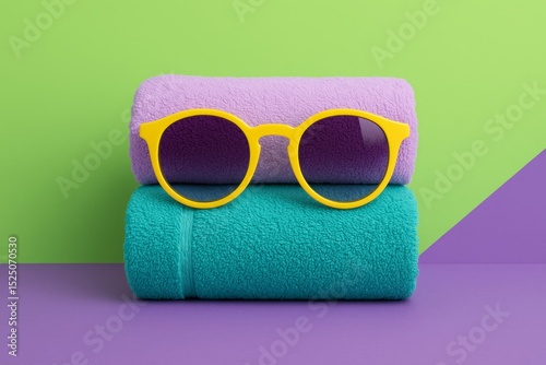 Summer Vacation Essentials Bright Yellow Sunglasses Resting on Soft Purple and Teal Towels Beach Holiday Relaxation Travel Accessories Colorful Summer Fashion Lifestyle Photography fun sea cool pool  