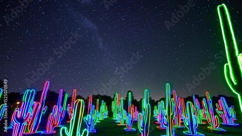 Colorful neon cacti illuminate the night sky in a stunning outdoor light installation experience