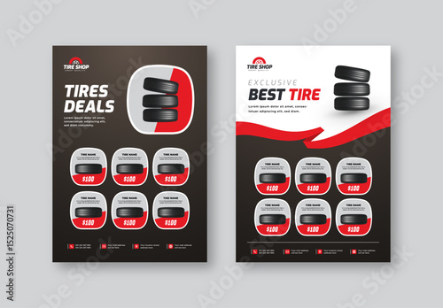 Exclusive tire promotion flyer with price details and tire vector | Car tire shop catalog template for vehicle service advertising