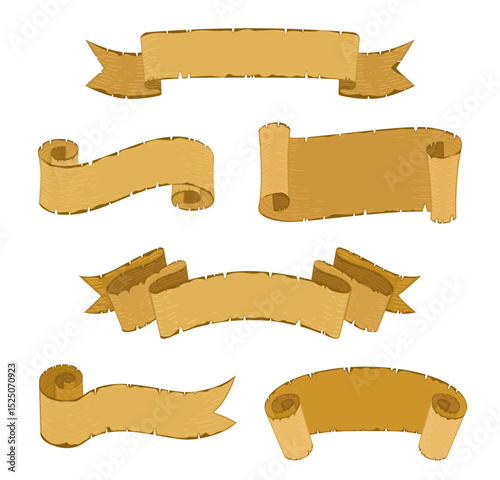 collection of vintage-style hand-drawn banners and ribbons, brown with texture, crumpled, in various shapes and styles, scroll-like patterns