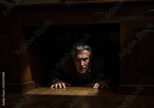 Man hiding under desk with worried expression in dimly lit room  