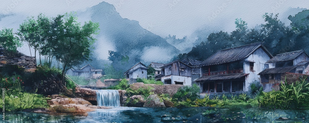 Fototapeta premium A serene village scene with traditional houses, a waterfall, lush greenery, and misty mountains in the background.