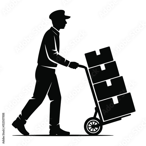 Delivery Man Pushing Hand Truck with Boxes Silhouette