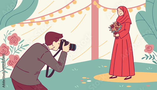 groom and bridal are standing for photo shoot, groom wearing three piece and bride wearing red jora   