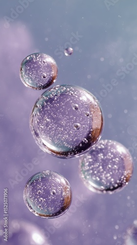 Cosmetic liquid background with bubbles and ripples, light purple color.