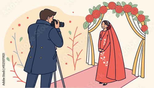groom and bridal are standing for photo shoot, groom wearing three piece and bride wearing red jora   