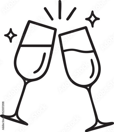 Toasting Celebration Two Champagne Flutes Clinking with Sparkling Effects Representing Joy Success and Festive Occasions in a Simple Line Art