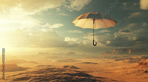 Floating Umbrella Above Desert Landscape Under Dramatic Sky
