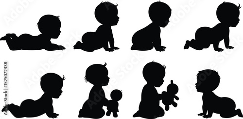 Vector illustration of baby silhouettes crawling, sitting, playing with toy, child movement stages, infant development poses, black toddler design