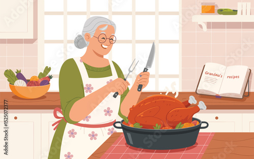 Happy Grandmother Carving Roasted Turkey in Cozy Kitchen Thanksgiving Dinner Illustration
