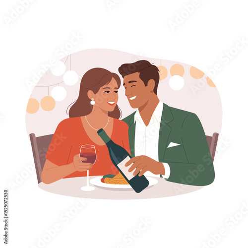 Romantic Couple Enjoying Dinner and Wine Together A Flat Vector Illustration