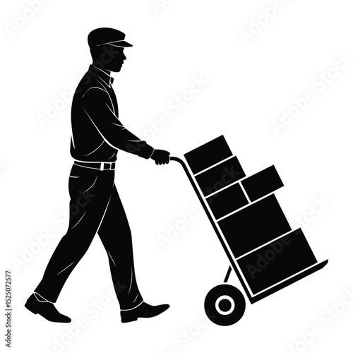 Delivery Man Pushing Hand Truck with Packages