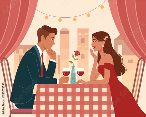 Romantic Dinner Date Couple Enjoying a City View, vector
