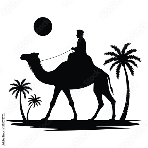 Silhouette of a Man Riding a Camel in a Desert Oasis