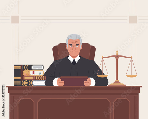 Stern Judge in Courtroom Flat Vector Illustration of Justice