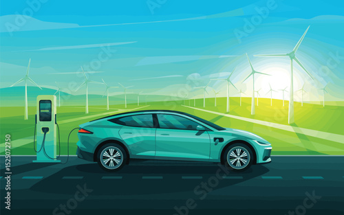 Electric Vehicle Charging Station in Sustainable Landscape Green Energy Future, vector