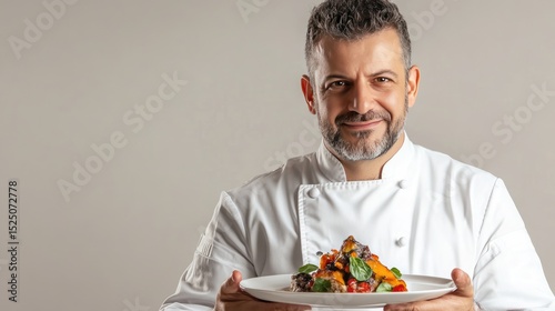 Chef Presenting Gourmet Dish with Fresh Ingredients on Plate