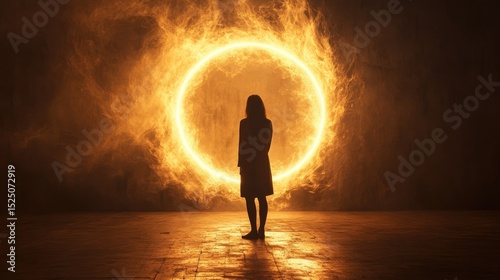 Mysterious Silhouette Against Fiery Circular Light Source