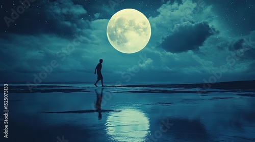 Moonlit Walk by the Shore Under a Bright Full Moon at Night