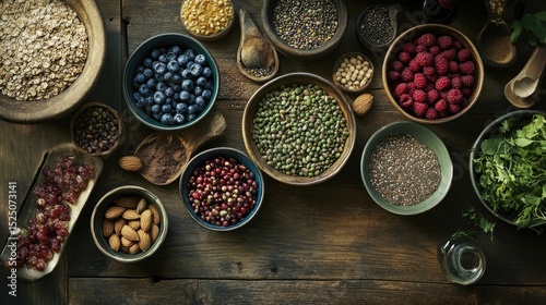 Colorful Arrangement of Fresh Fruits, Nuts, and Grains on Wooden Table