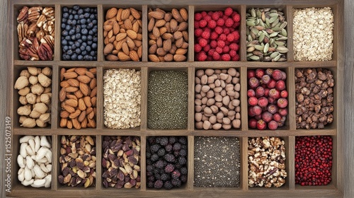 Variety of Nuts and Seeds in Wooden Organizer for Healthy Lifestyle