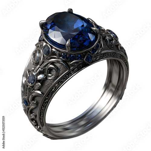 A finely detailed silver ring with a gemstone center, isolated on a transparent background. --v 7.0
