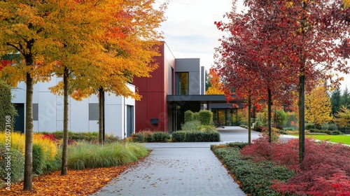 Serene Autumn Landscape with Colorful Foliage and Modern Architecture