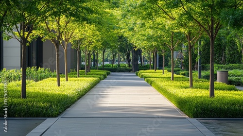 Tranquil Pathway Surrounded by Lush Green Trees in Urban Landscape