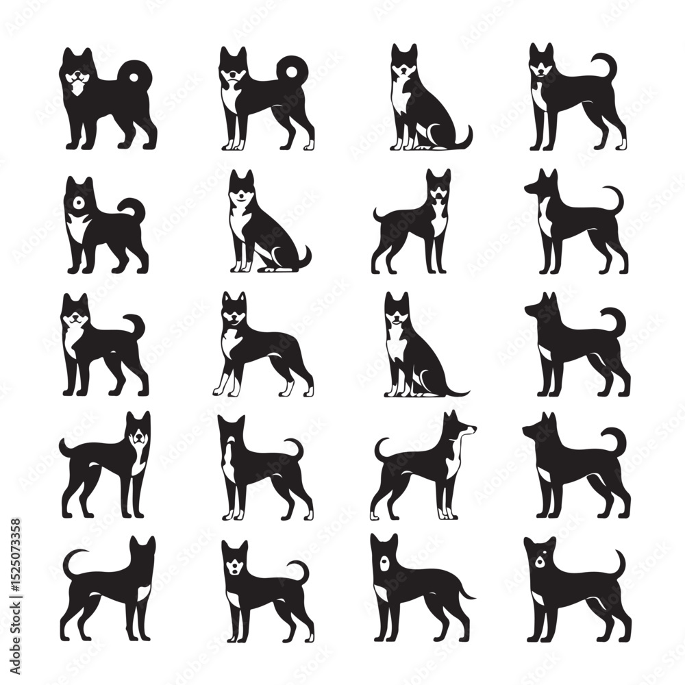 Fototapeta premium Aesthetic Dog Silhouette Vector Set. Elegant Black Canine Poses for Design and Crafts