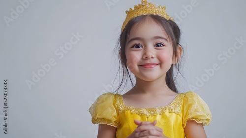 Adorable Young Girl in Yellow Dress with Crown Smiling Joyfully