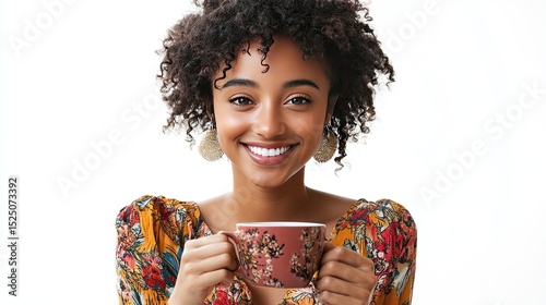 Joyful Woman Holding Coffee Cup in Colorful Floral Dress