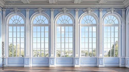 Elegant interior with arched windows, light blue walls and wooden floor