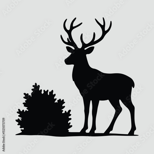 Silhouette deer next to bush flat design Vector Illustration