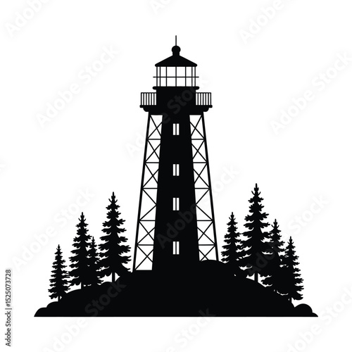 Lighthouse Silhouette with Pine Trees on a Hill