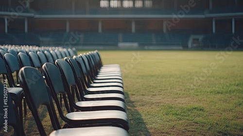 Empty Black Chairs Aligned on Grass Field in Sports Stadium