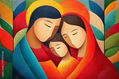 Holy family embracing with colorful background representing love and faith